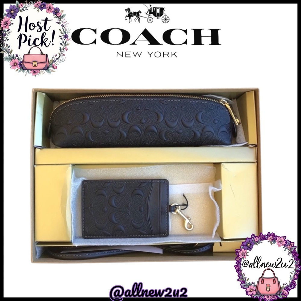 Coach Boxed Signature Leather Pencil Case Cardholder Black Embossed Set - Picture 2 of 8